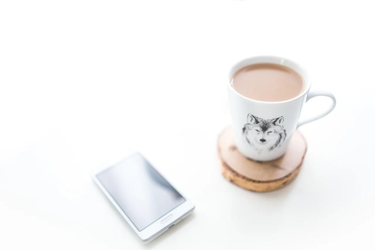 coffee, mug, white, coffee cup, wolf, mobile, phone, smartphone, cell phone, devices, technology, white desk, desk