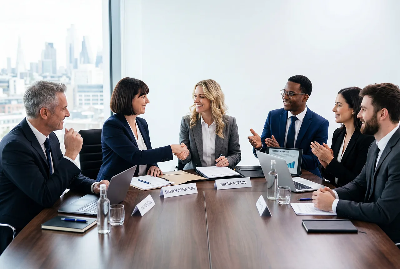meeting, conference, business, office, team, collaboration, agreement, handshake, partnership, corporate, professional, discussion, presentation, chart, graph, laptop, notebook, documents, strategy, negotiation, success, leadership, workplace, formal, ai generated