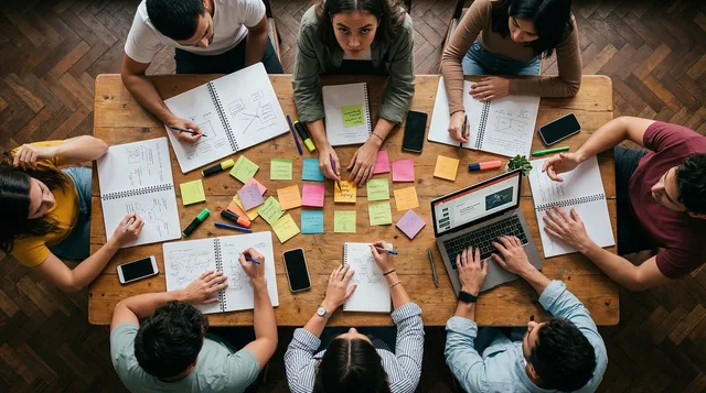 eam, workshop, office, collaboration, sticky notes, planning, strategy, brainstorming, table, overhead, people, working, laptop, notebooks, creativity, business, meeting, together, analysis, group, ai generated. How to build a ninety day plan with appointment setting agencies
